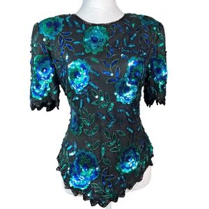 Vintage Laurence Kazar Black Silk Beaded Sequins Floral‎ Short Sleeve Top Size L